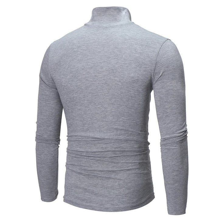 Hellgraues, meliertes Shirt mit hohem Kragen von hinten, Rückenpartie und Nackenkragen sichtbar 9