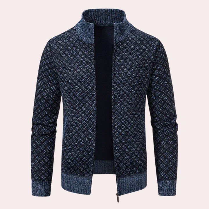 Dunkelblauer Strickjacke mit Reißverschluss, geometrisches Muster, Herrenmode, Winterkleidung.