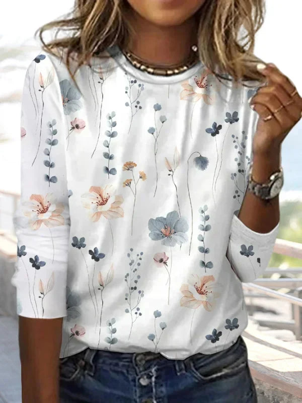 Women's knitted shirt with floral pattern & round neckline – Fiorina