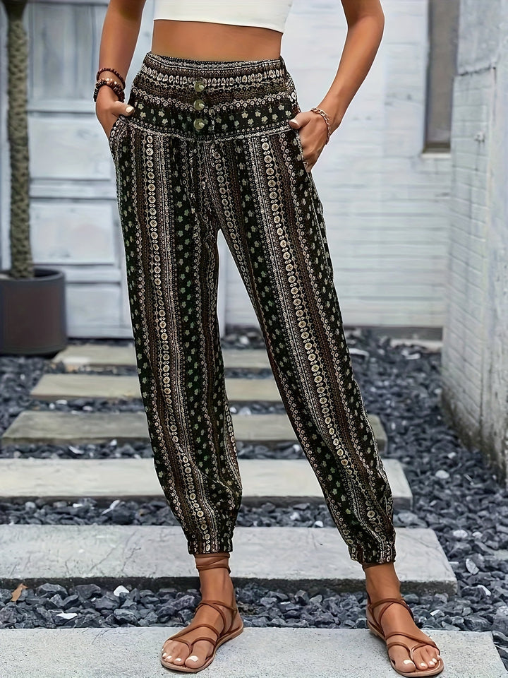 Boho damebukser med høj talje, print og smocket talje – Linara