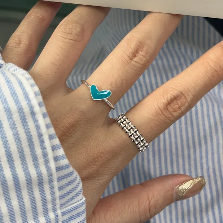 Silver Heart Ring with Blue Drop Detail - Ameline