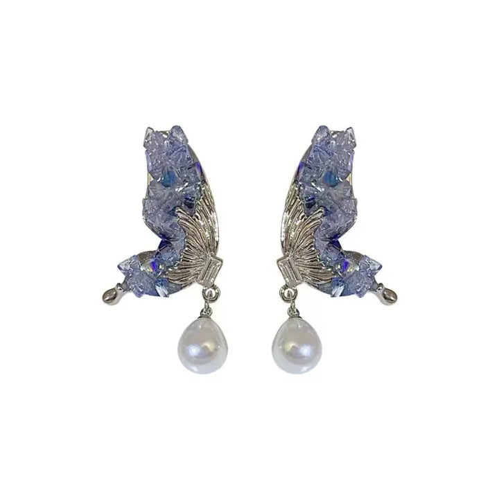 Blue Crystal Butterfly Wing Earrings with Pearl – Liora