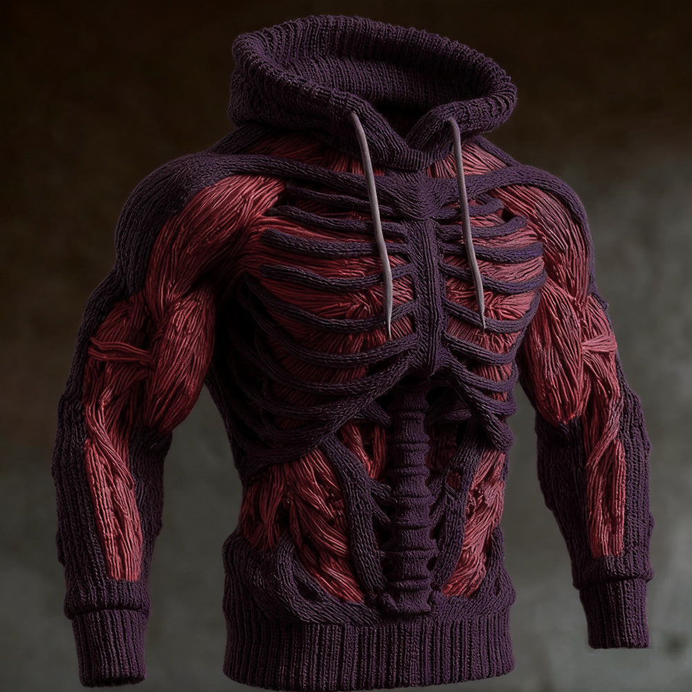 Strickhoodie in dunklem Violett mit erhabenem Rippenkäfig und roten Muskelpartien, die Kordeln der Kapuze sind hellgrau abgesetzt. 4