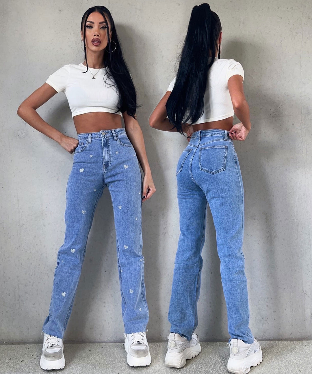 Women's Stretch Jeans with Wide Leg and Heart Print - Amelie