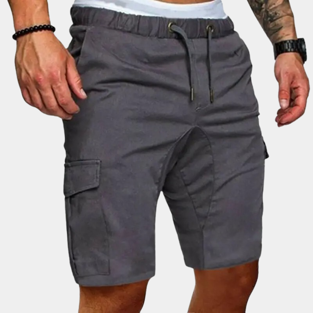 Graue Herren-Cargoshorts, Baumwolle, elastischer Bund, Kordelzug, seitliche Taschen.