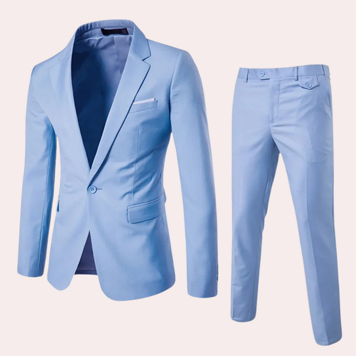 Hellblauer Herrenanzug, zweiteilig, Slim Fit, aus Baumwolle, ideal für formelle Anlässe.