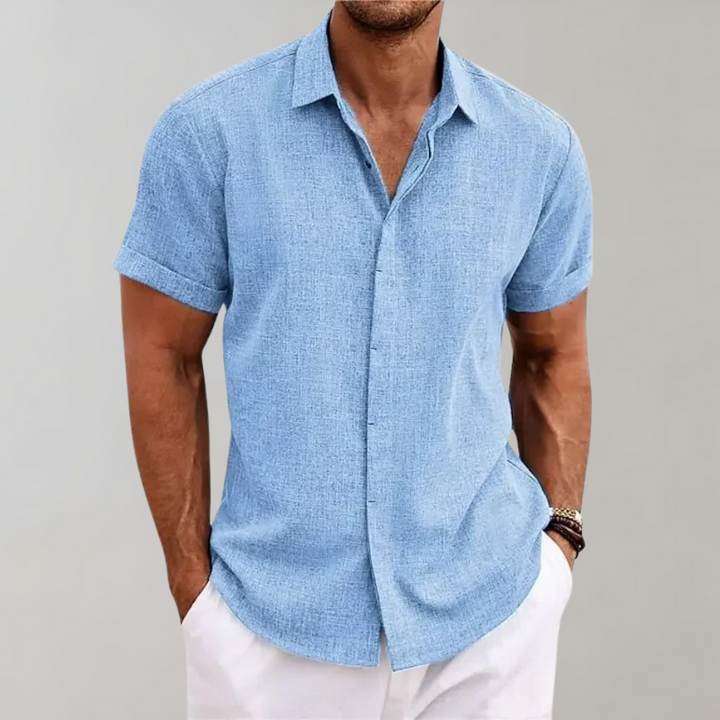 Herrenhemd kurzarm blau Leinen Sommermode elegant lässig Herrenbekleidung