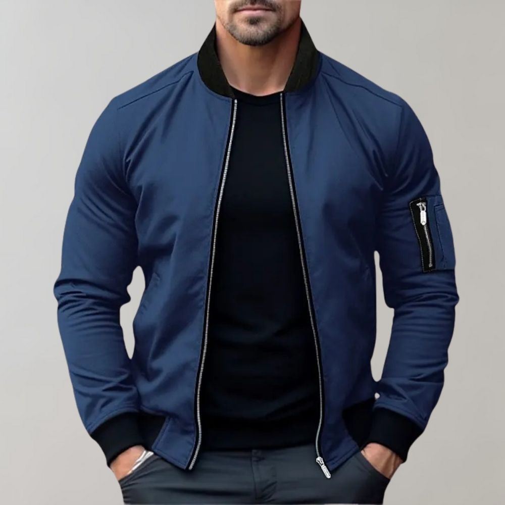 Blauer Herren-Bomberjacke, Reißverschluss, modisch, Freizeitkleidung, langärmelig.