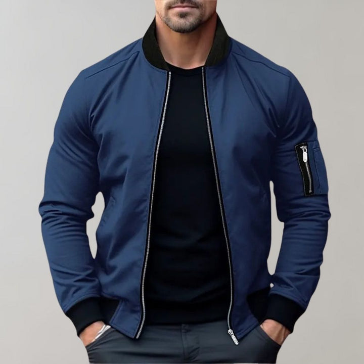 Blauer Herren-Bomberjacke, Reißverschluss, modisch, Freizeitkleidung, langärmelig.
