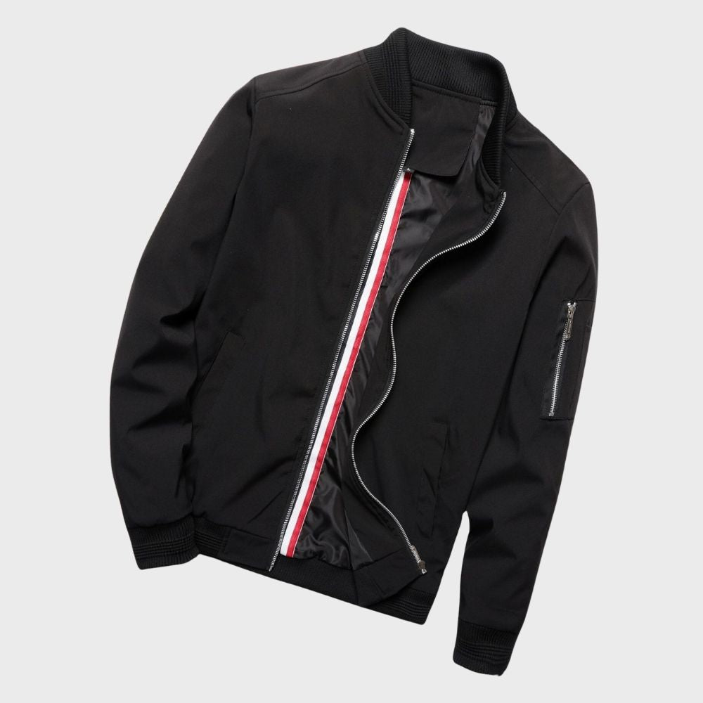 Schwarze Herren-Bomberjacke mit Reißverschluss, gestreiftem Innenfutter, modisch und vielseitig.