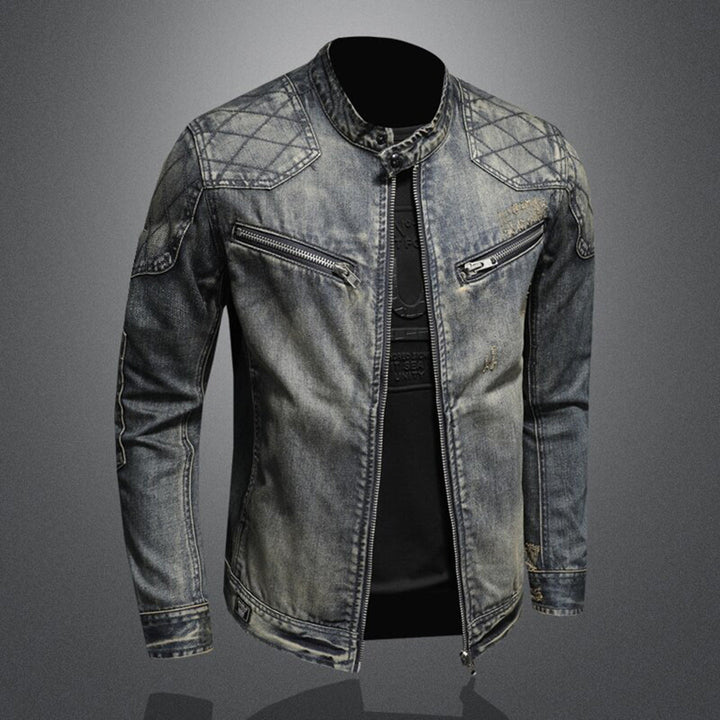 Herren-Jeansjacke, graues Denim, Reißverschlüsse, modisch, lässig, Vintage-Stil.