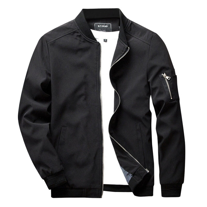 Schwarze Herren-Sommerjacke, Reißverschluss, Bomberstil, leicht, modisch, Freizeitkleidung.