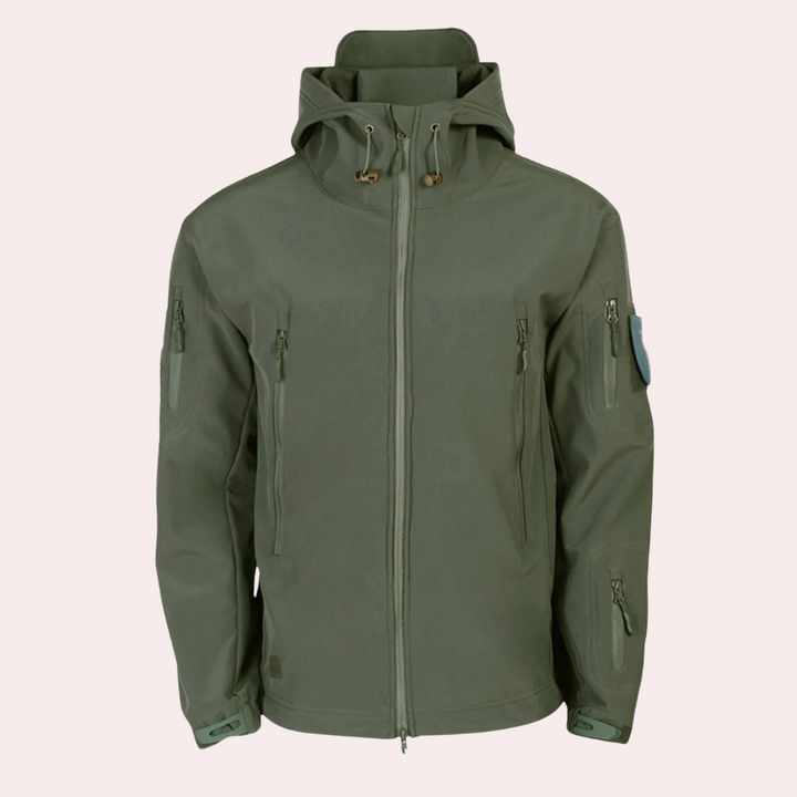 Armeegrüne Softshell-Jacke mit Kapuze, Reißverschlusstaschen, Outdoor-Bekleidung Herren.