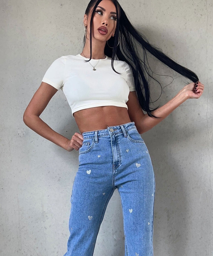 Women's Stretch Jeans with Wide Leg and Heart Print - Amelie