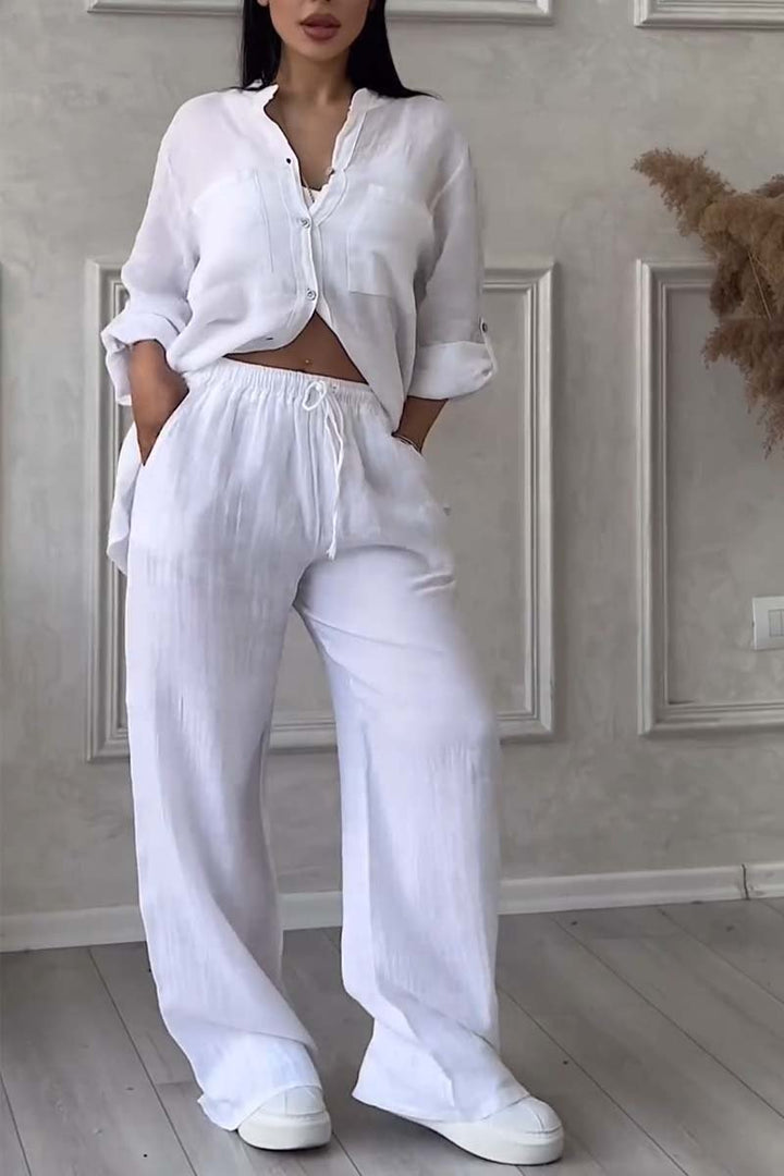 Trendy Women's Linen Two-Piece Set with Blouse & Wide Pants – Lina