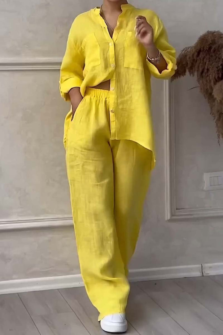Trendy Women's Linen Two-Piece Set with Blouse & Wide Pants – Lina