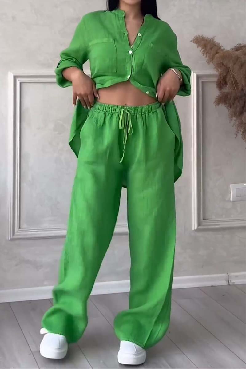 Trendy Women's Linen Two-Piece Set with Blouse & Wide Pants – Lina
