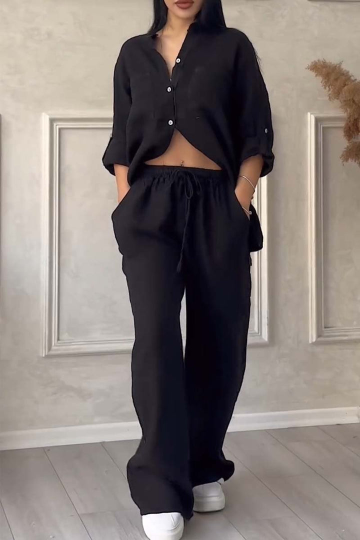 Trendy Women's Linen Two-Piece Set with Blouse & Wide Pants – Lina
