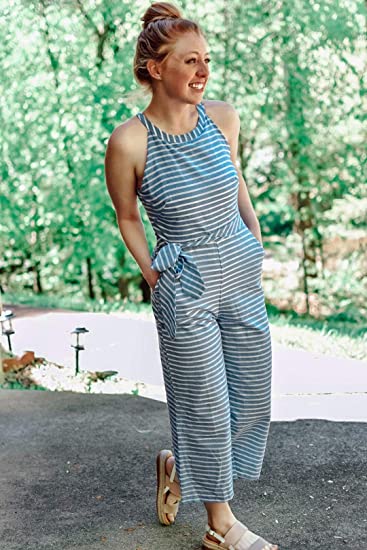 Stripet damejumpsuit med slå-om-udskæring – Vivienne