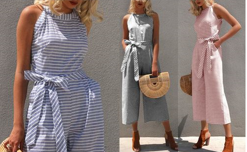 Stripet damejumpsuit med slå-om-udskæring – Vivienne