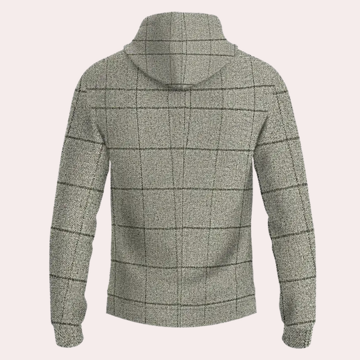 Grauer kariertes Kapuzenpullover aus Wolle, Rückansicht, modisches Herrenbekleidungsstück.
