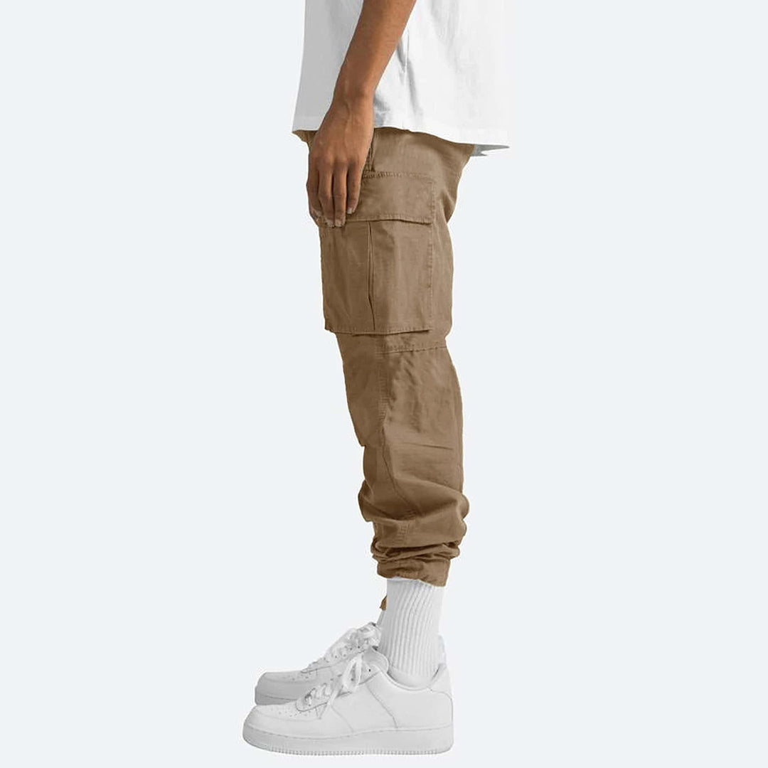 Khaki Cargohose für Herren, seitliche Taschen, lässiger Stil, Baumwolle, Streetwear-Mode.