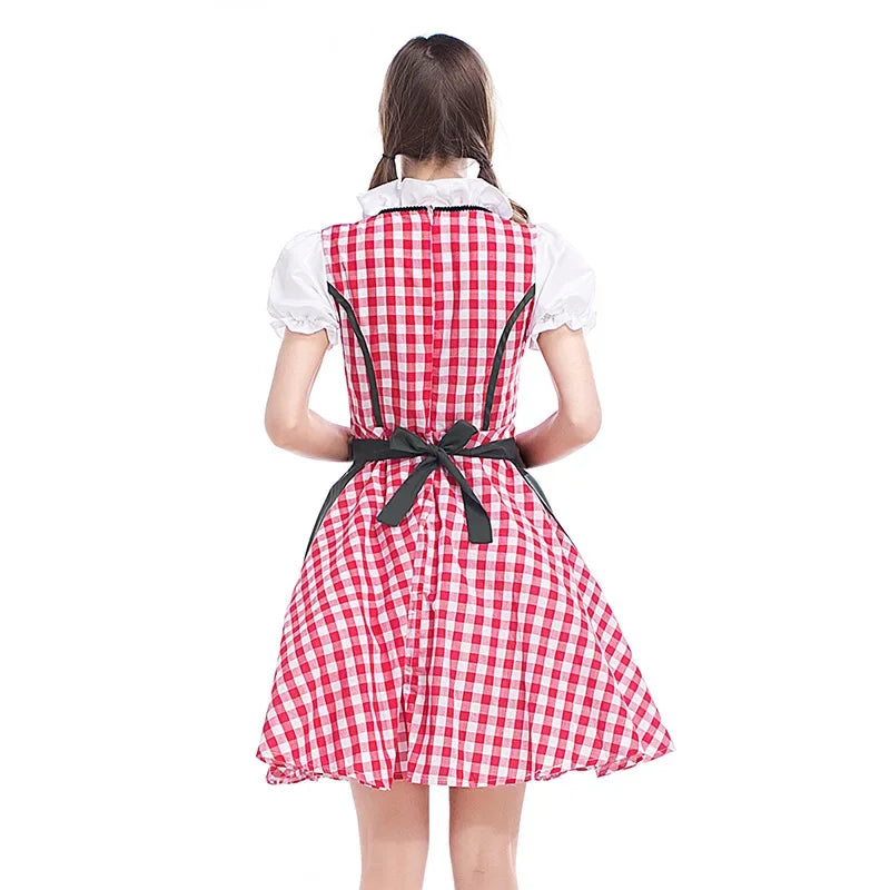 Rückansicht des rot-weiß karierten Dirndls mit dunkler Schürzenschleife, Reißverschluss im Rücken und weißen Puffärmeln. 4