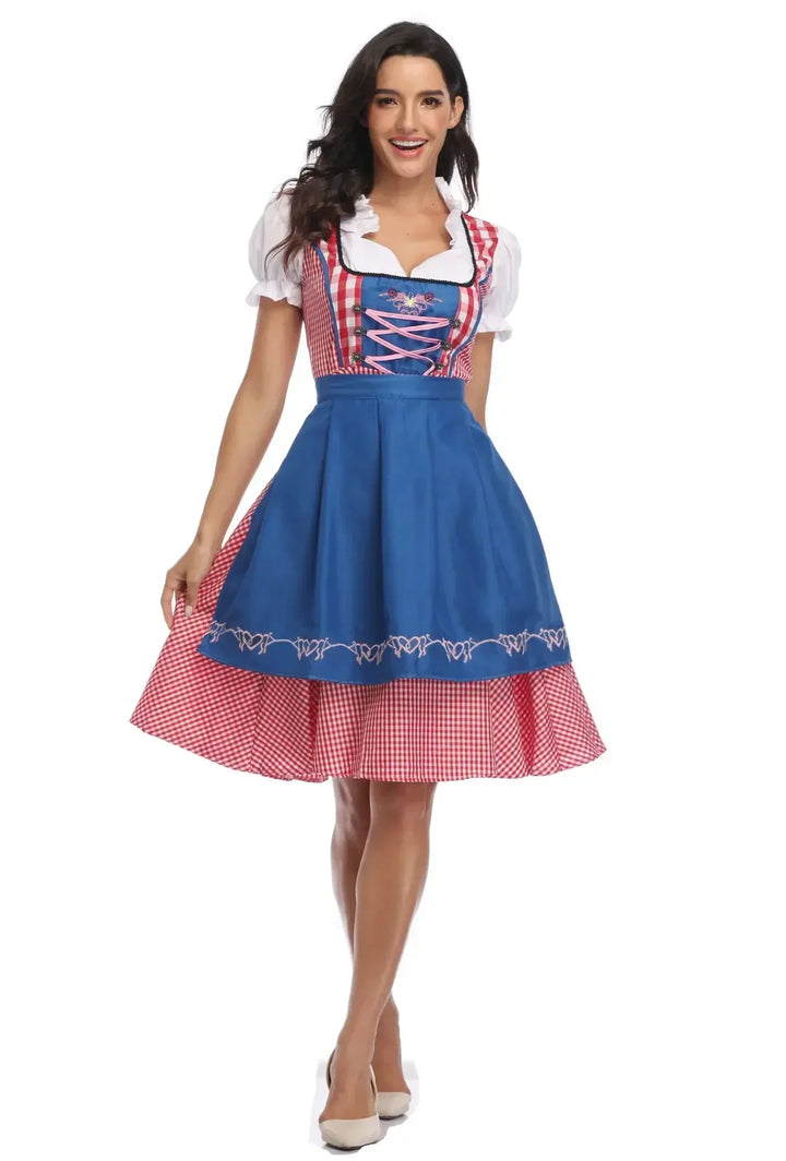 Frontansicht des Dirndls mit blauer bestickter Schürze, rosa Schnürung und rot-weiß kariertem Rock, die Trägerin lächelt. 7