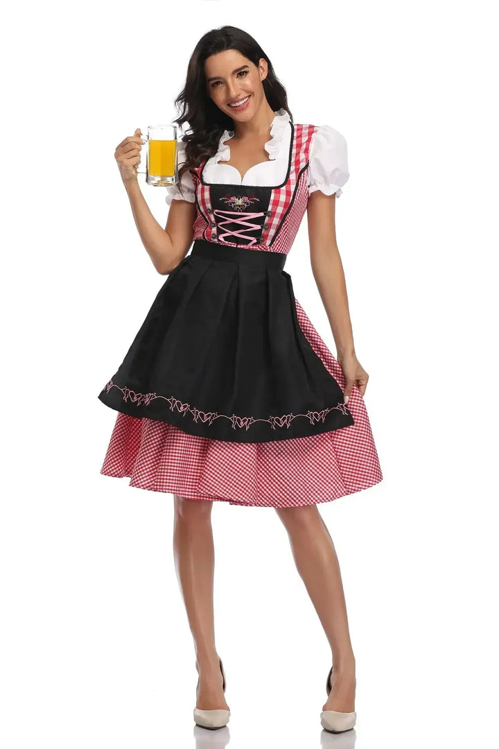 Dirndl mit schwarzer bestickter Schürze, rosa Schnürung und rot-weiß kariertem Rock, die Trägerin hebt einen Bierkrug. 9
