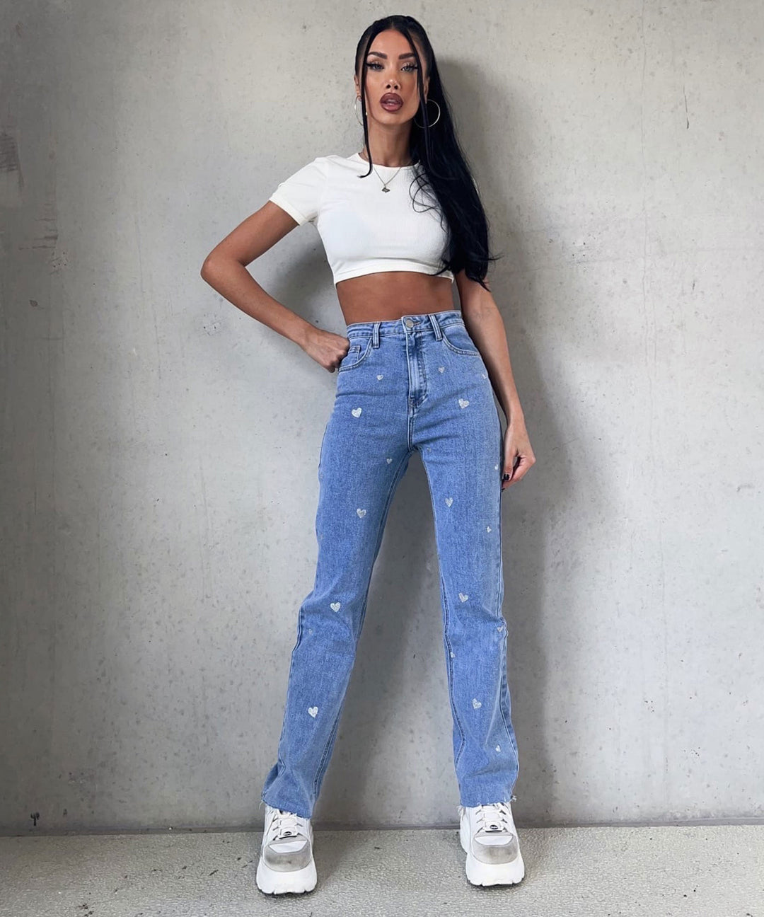 Women's Stretch Jeans with Wide Leg and Heart Print - Amelie
