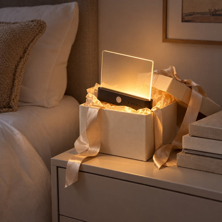 Leuchtende Lampe mit dunklem Sockel steht in einer geöffneten Geschenkbox mit Schleife auf dem Nachttisch 11