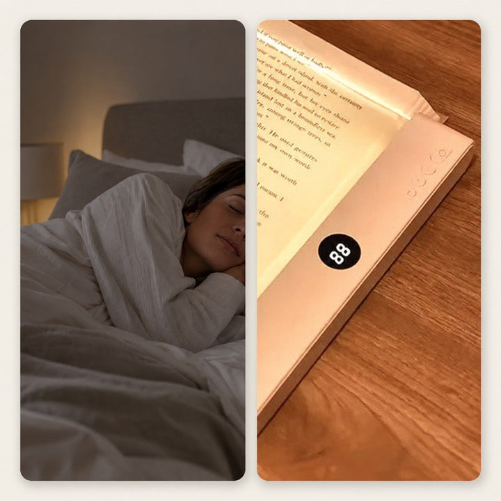 Collage: schlafende Frau im Bett und Nahaufnahme der leuchtenden Lampe mit Zeitanzeige auf Holz 5