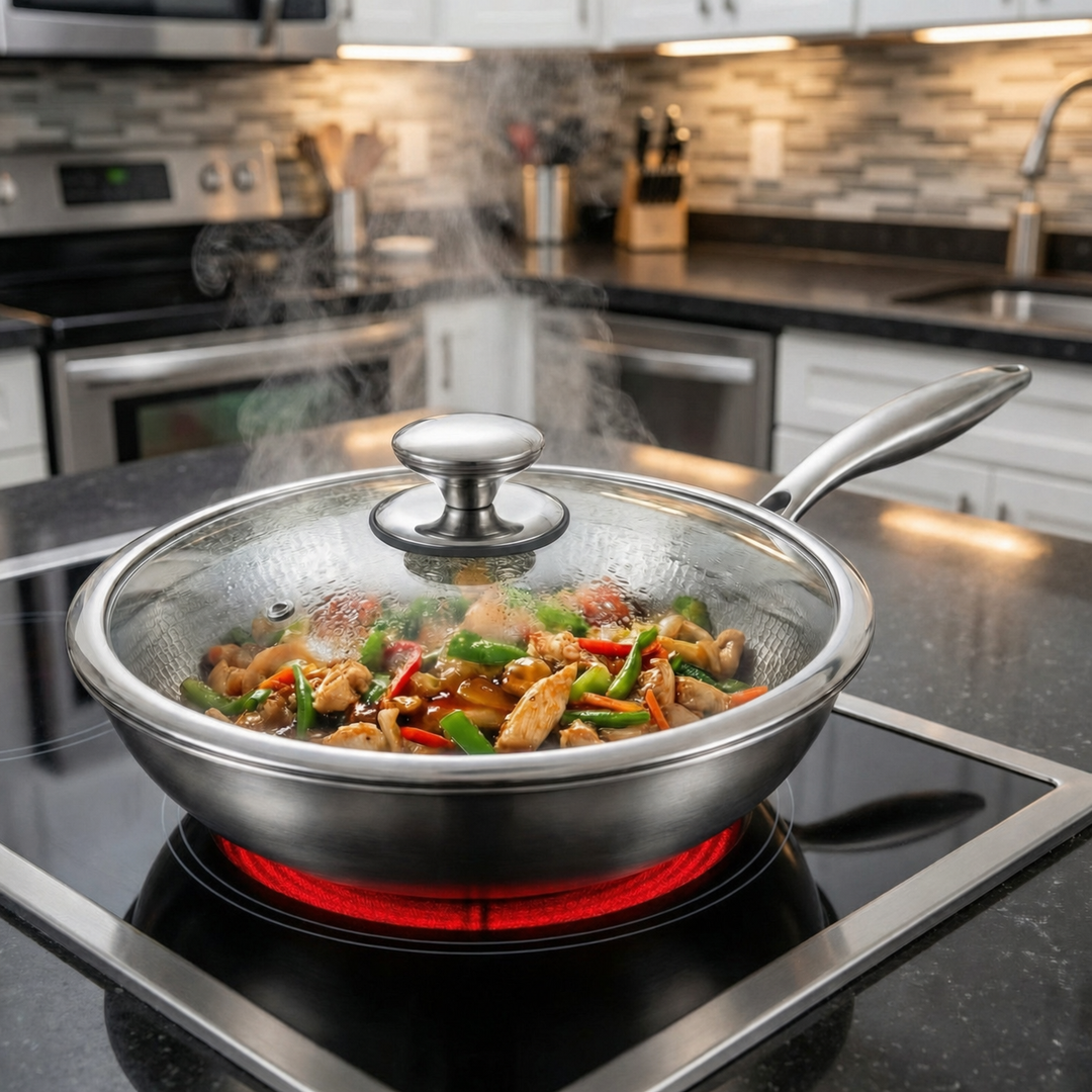 Wok mit Glasdeckel und Hähnchen-Gemüse-Pfanne auf einem Glaskeramik-Kochfeld mit rot leuchtender Platte in einer Küche. 7