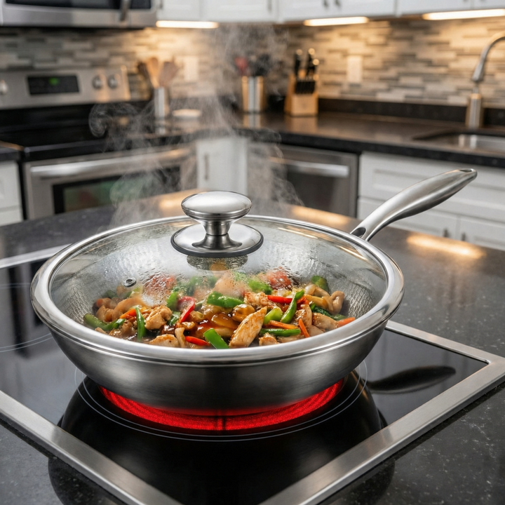 Wok mit Glasdeckel und Hähnchen-Gemüse-Pfanne auf einem Glaskeramik-Kochfeld mit rot leuchtender Platte in einer Küche. 7