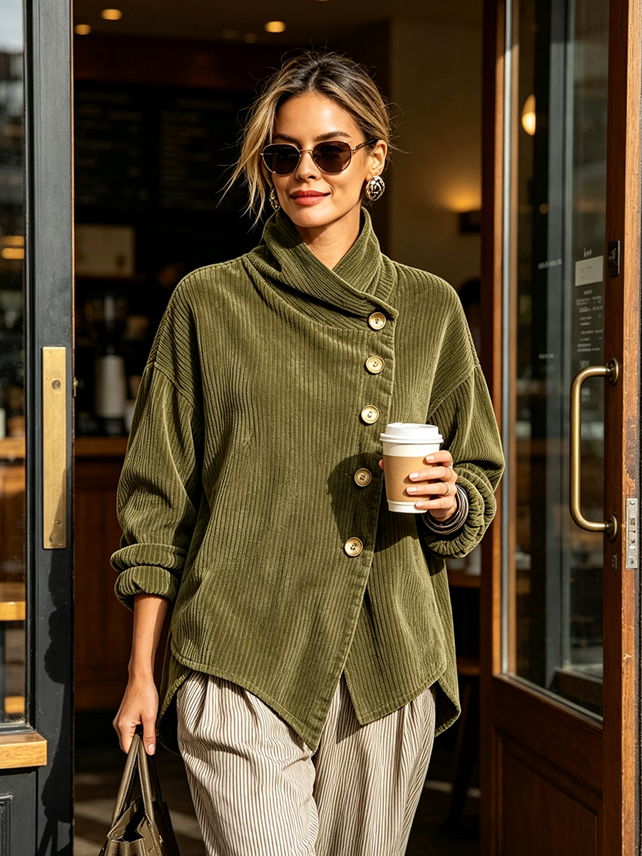 Frau mit Sonnenbrille trägt den olivgrünen Cord-Sweater zu gestreifter Hose und hält vor einem Café einen Kaffeebecher. 3