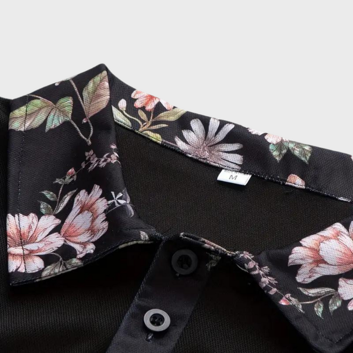 Schwarzes Herren-Poloshirt mit Blumenmuster, Baumwolle, Größe M, modisch, elegant.