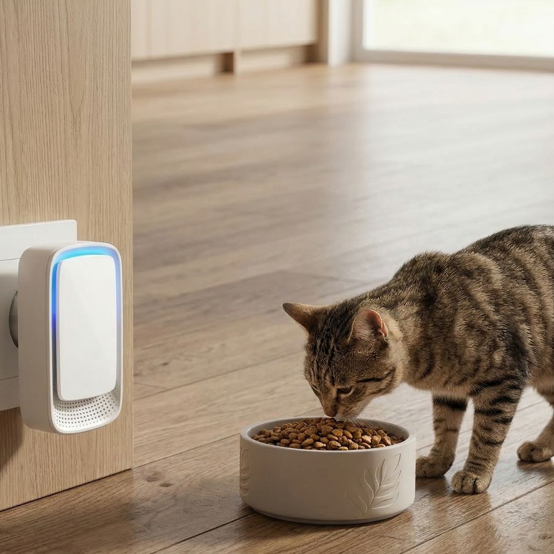 Gerät in der Steckdose neben einer getigerten Katze, die im Wohnraum aus einem Napf frisst 6