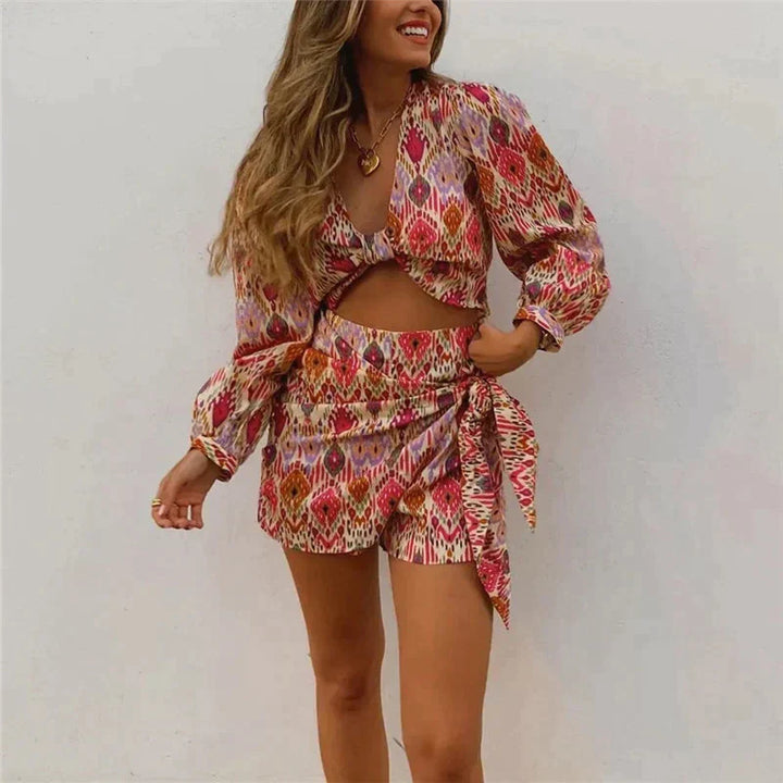Two-piece wrap skirt set with blouse for women – Lorena