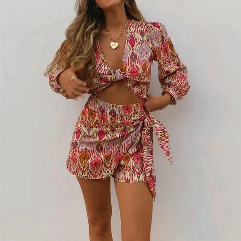 Two-piece wrap skirt set with blouse for women – Lorena