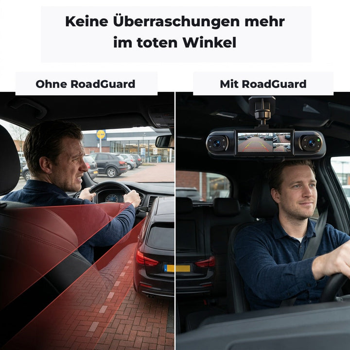Vergleich zweier Fahrer: links ein angespannter Mann ohne Dashcam im toten Winkel, rechts ein entspannter Fahrer mit Dashcam und Rückansicht. 4