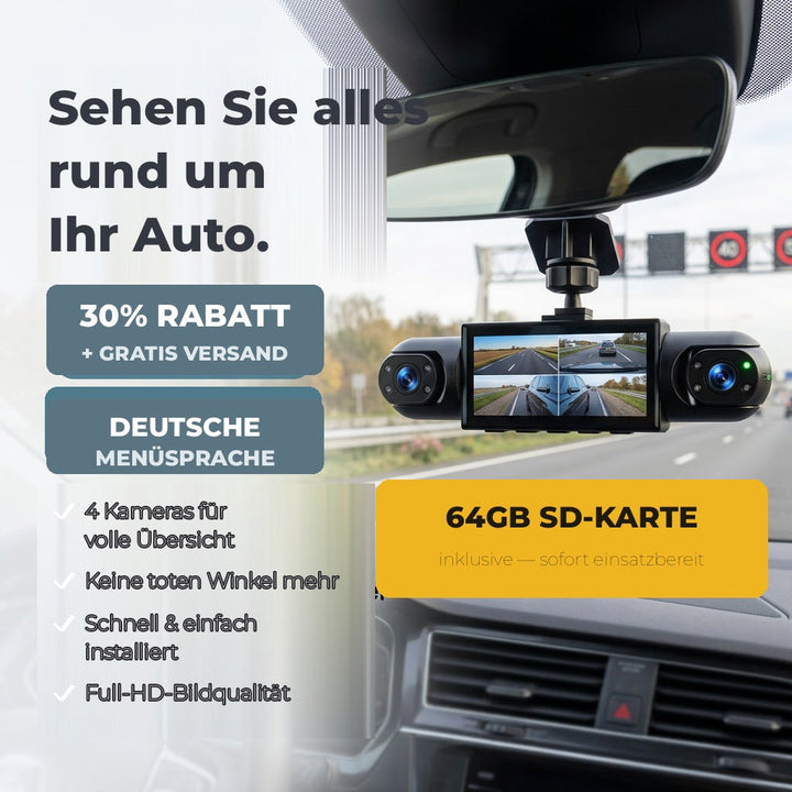 Dashcam an der Windschutzscheibe mit Vierfach-Bild auf dem Display, dazu ein gelber Hinweis auf die mitgelieferte 64-GB-Speicherkarte. 7