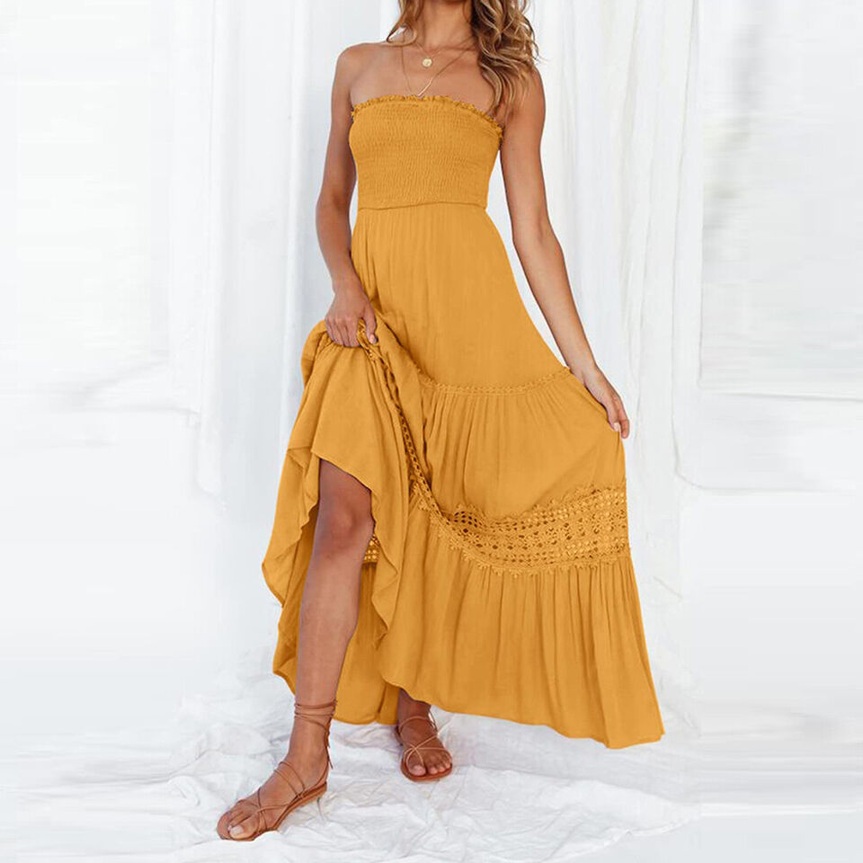 Off-shoulder maxikjole med blonde detaljer – Isaline