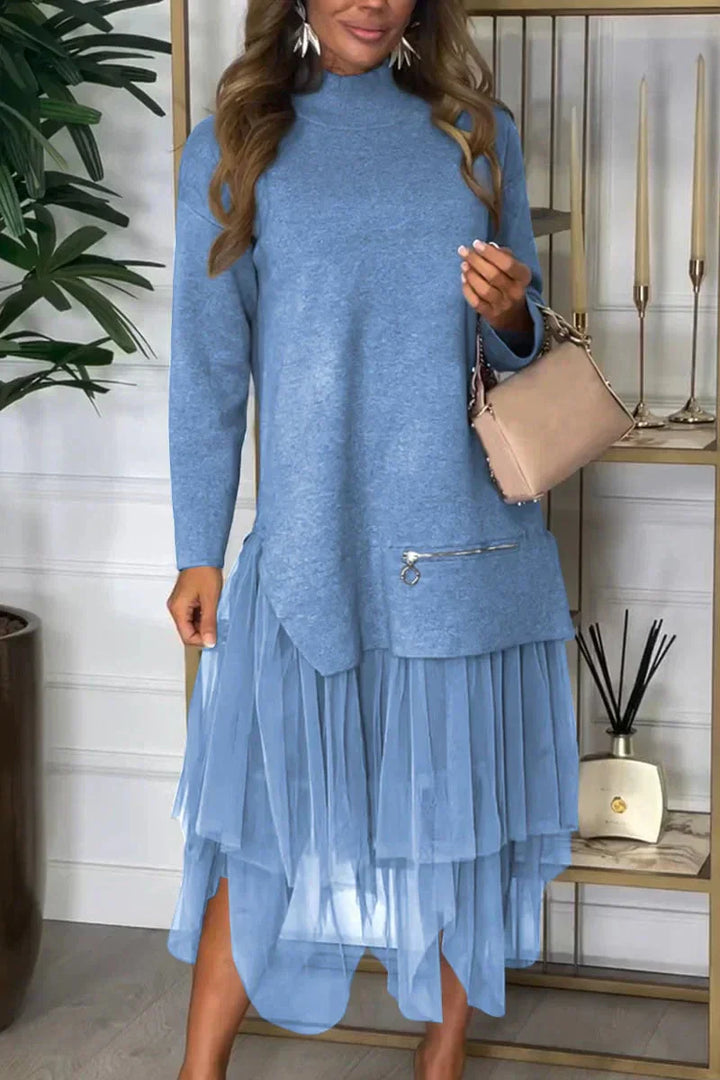 Vestido casual con mangas largas y falda de malla – Ysolde