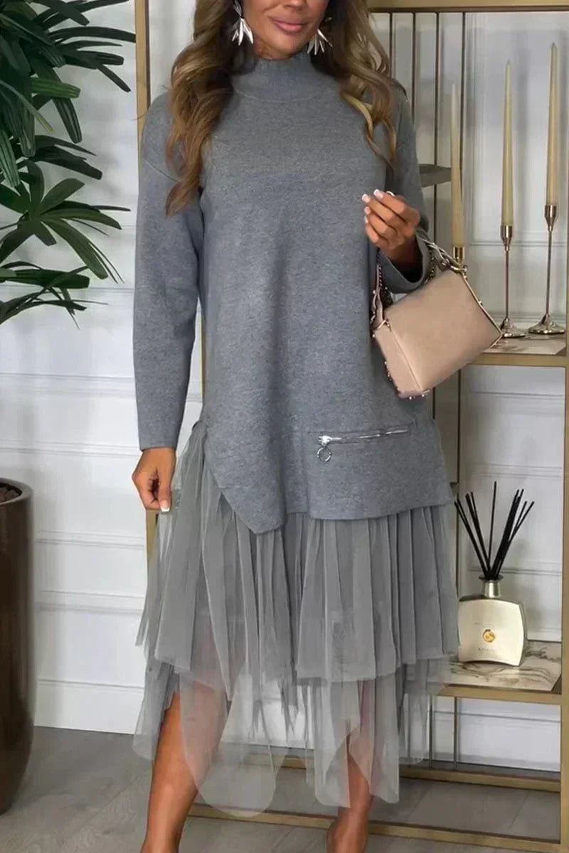 Vestido casual con mangas largas y falda de malla – Ysolde