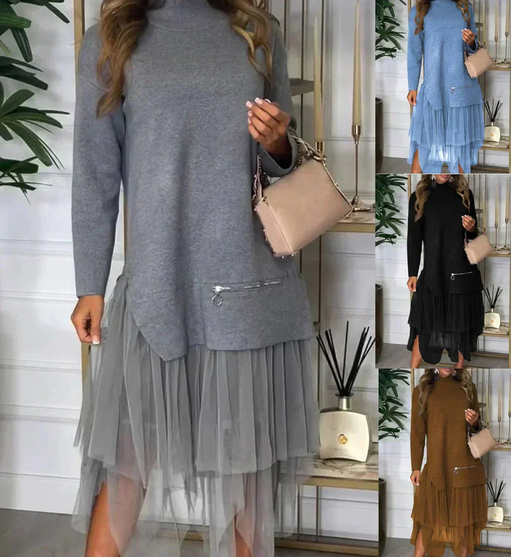 Vestido casual con mangas largas y falda de malla – Ysolde