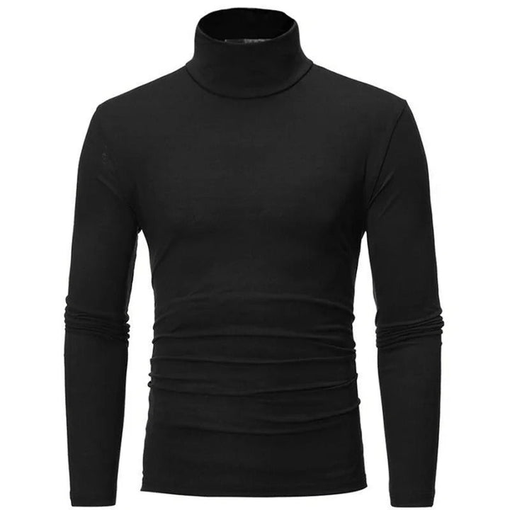 Schwarzes langärmliges Shirt mit hohem Kragen in der Vorderansicht auf weißem Hintergrund 1