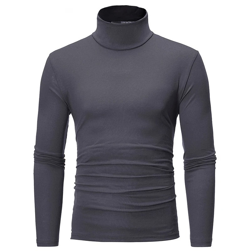 Dunkelgraues langärmliges Shirt mit hohem Kragen in der Vorderansicht, Ärmel leicht gestaucht 3