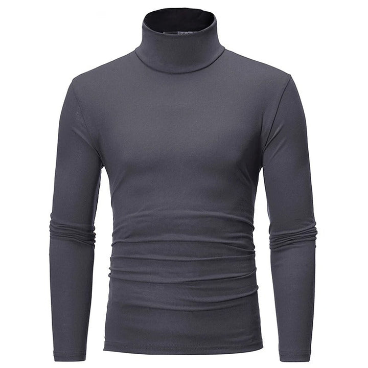 Dunkelgraues langärmliges Shirt mit hohem Kragen in der Vorderansicht, Ärmel leicht gestaucht 3
