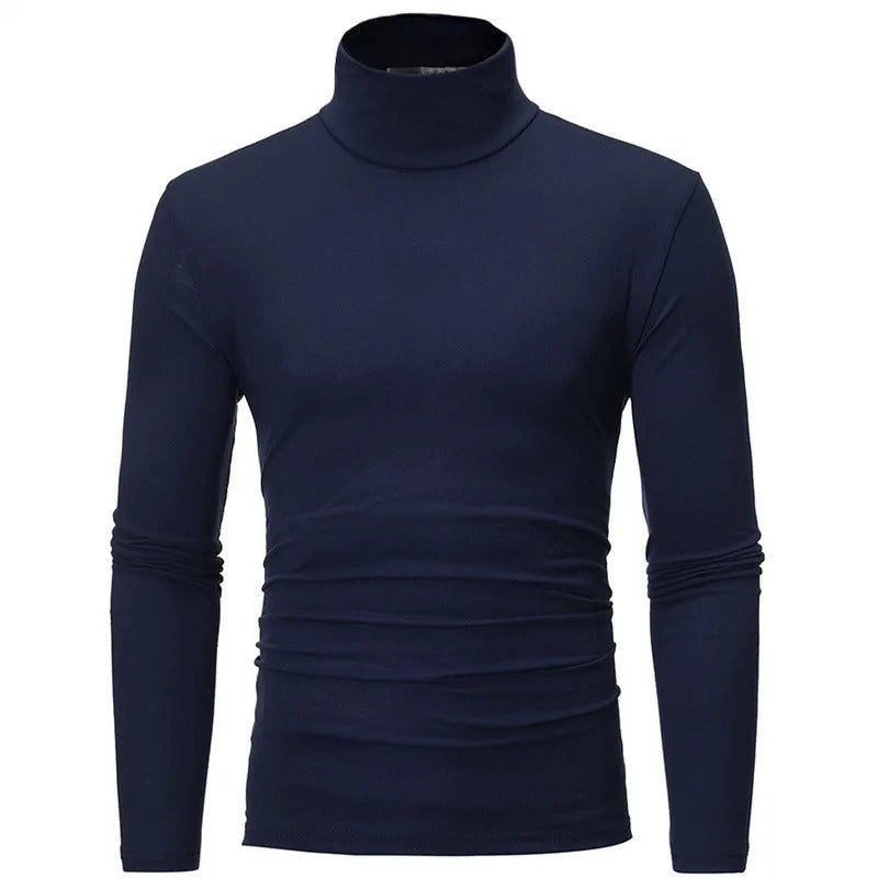 Dunkelblaues langärmliges Shirt mit hohem Kragen in der Vorderansicht, körpernah geschnitten 6