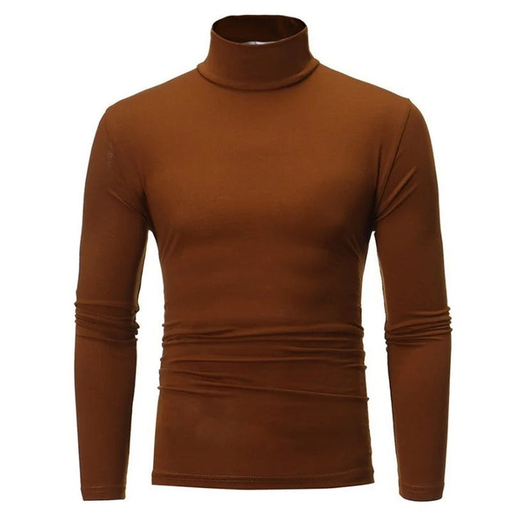 Braunes langärmliges Shirt mit hohem Kragen in der Vorderansicht mit sichtbarer Saumnaht 7